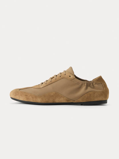 Tan Faux Suede And Cloth Round-Toe Lace-Up Ballet Sneakers