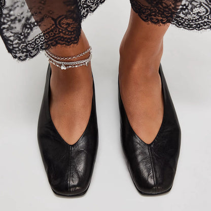 Vegan Leather Square-Toe Slip-On Ballet Flats - Black