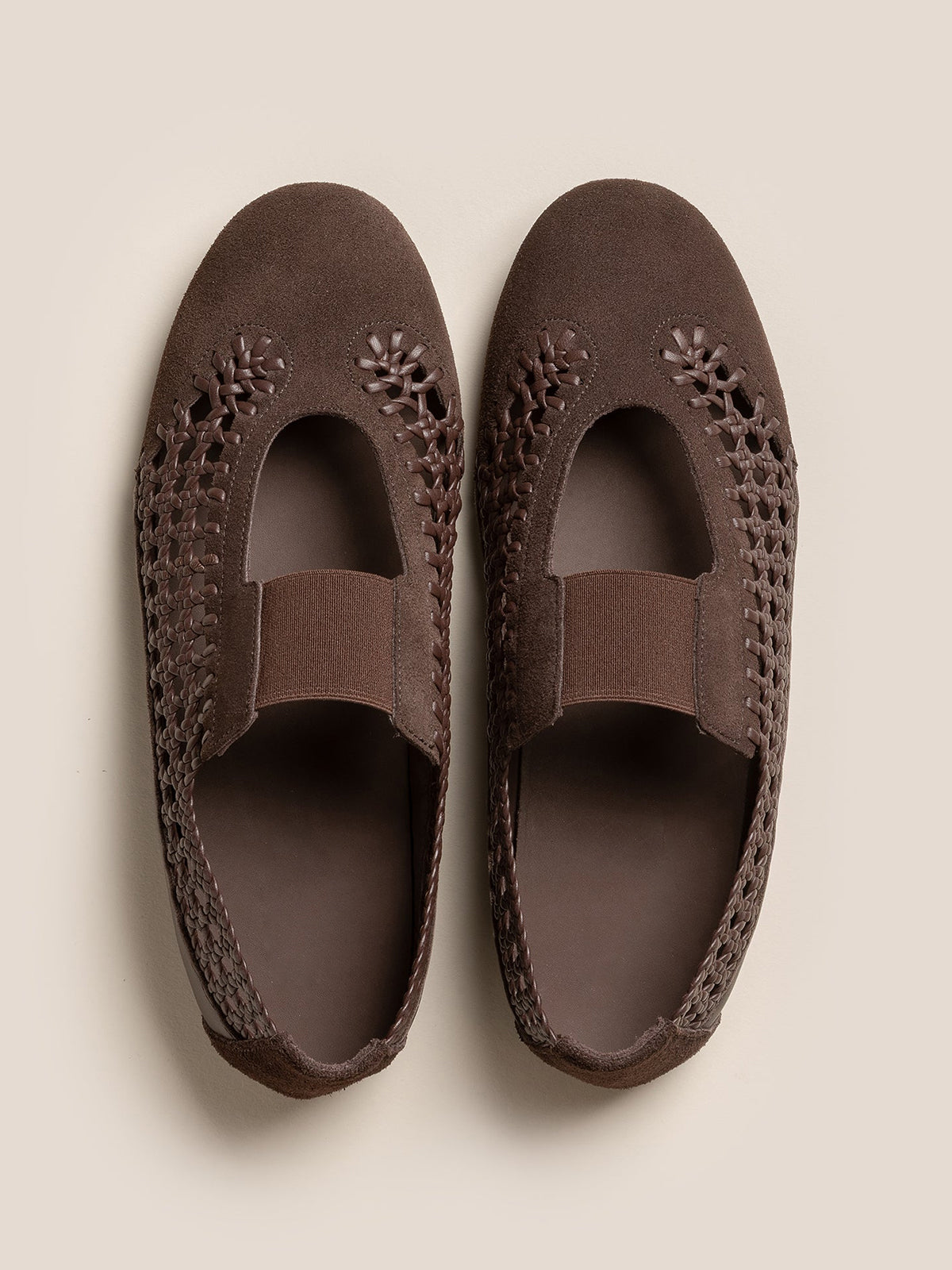 Dark Brown Woven Vegan Leather Round-Toe Chic Mary Jane Flats