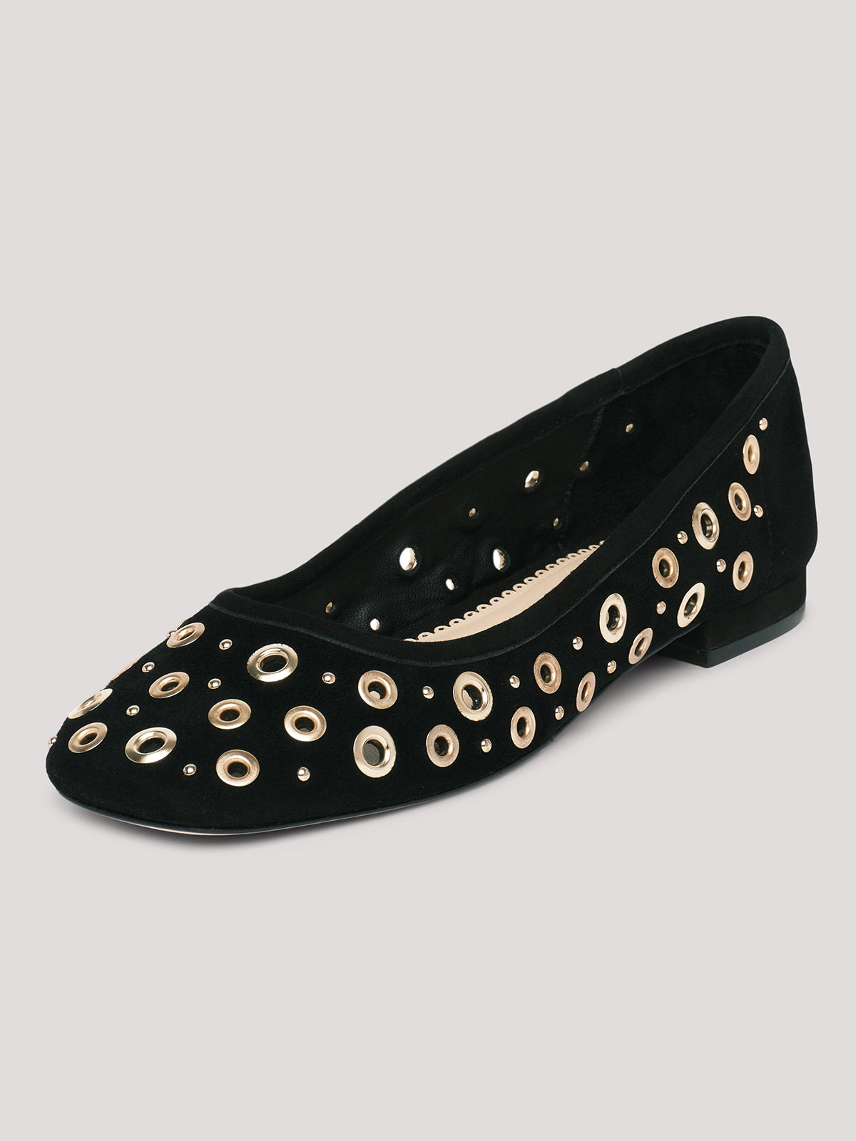 Black Faux Suede Square-Toe Studs And Eyelets Slip-On Ballet Flats