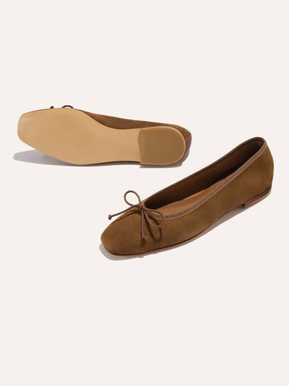 Front Bow Square-Toe Slip-On Chic Ballet Flats - Dark Tan Faux Suede