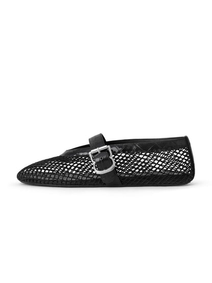 Black Mesh And Crocodile Pattern Vegan Leather Round-Toe Mary Jane Ballet Flats