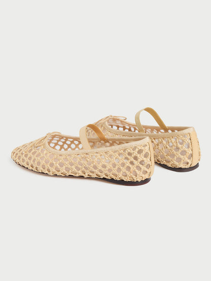 Nude Woven And Mesh Round-Toe Front Bow And Middle Strap Ballet Flats