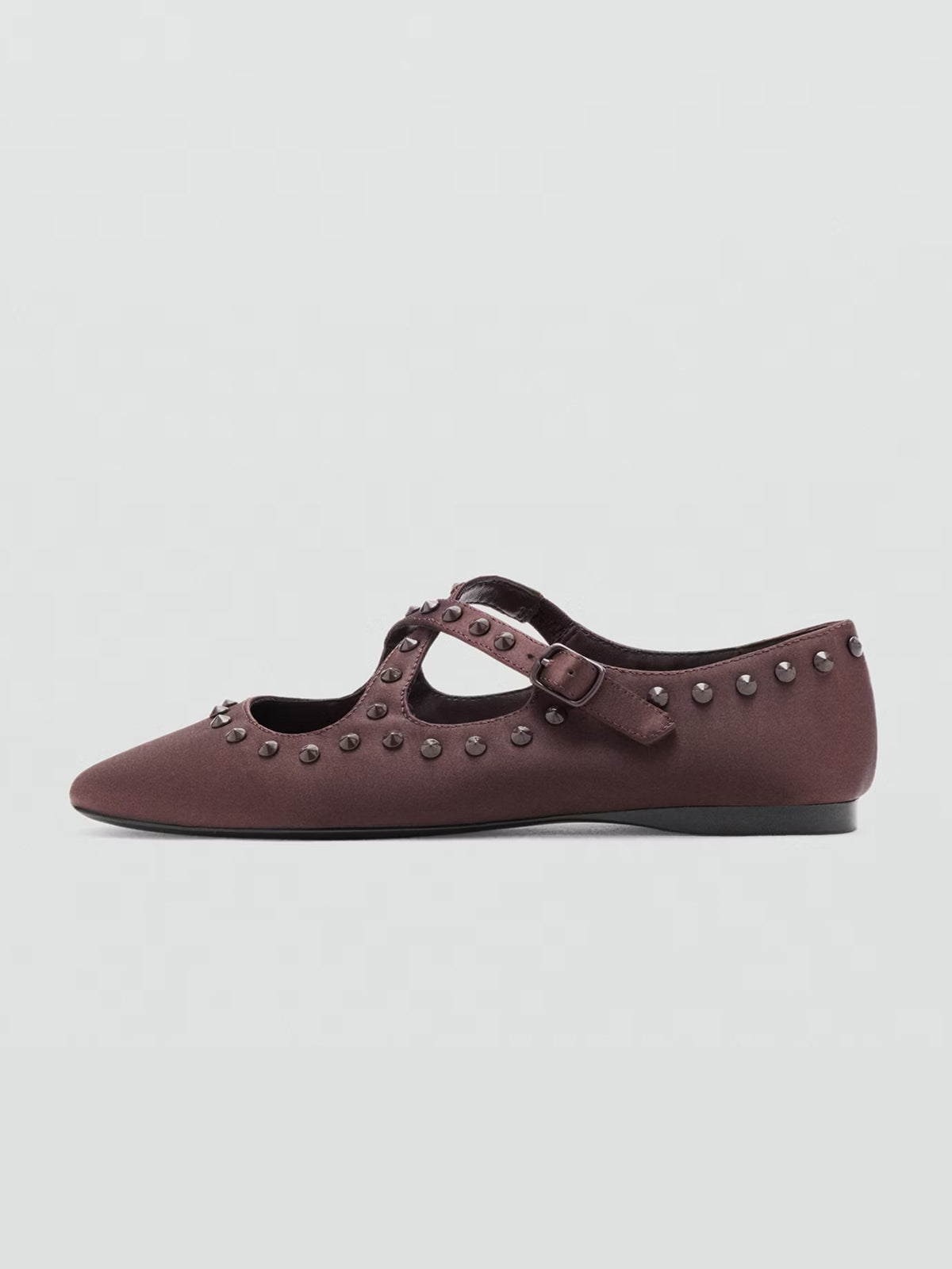 Chocolate Satin Round-Toe Middle Crossed Straps And Studs Flats