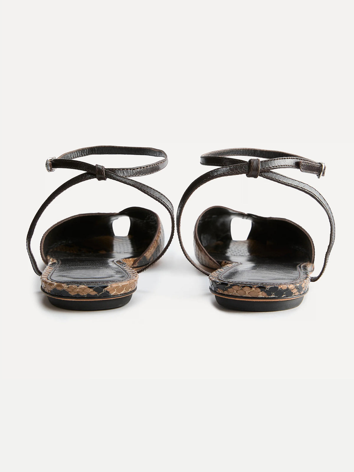 Snakeskin Pattern Peep Round-Toe Slip-On Back And Ankle Strap Flats