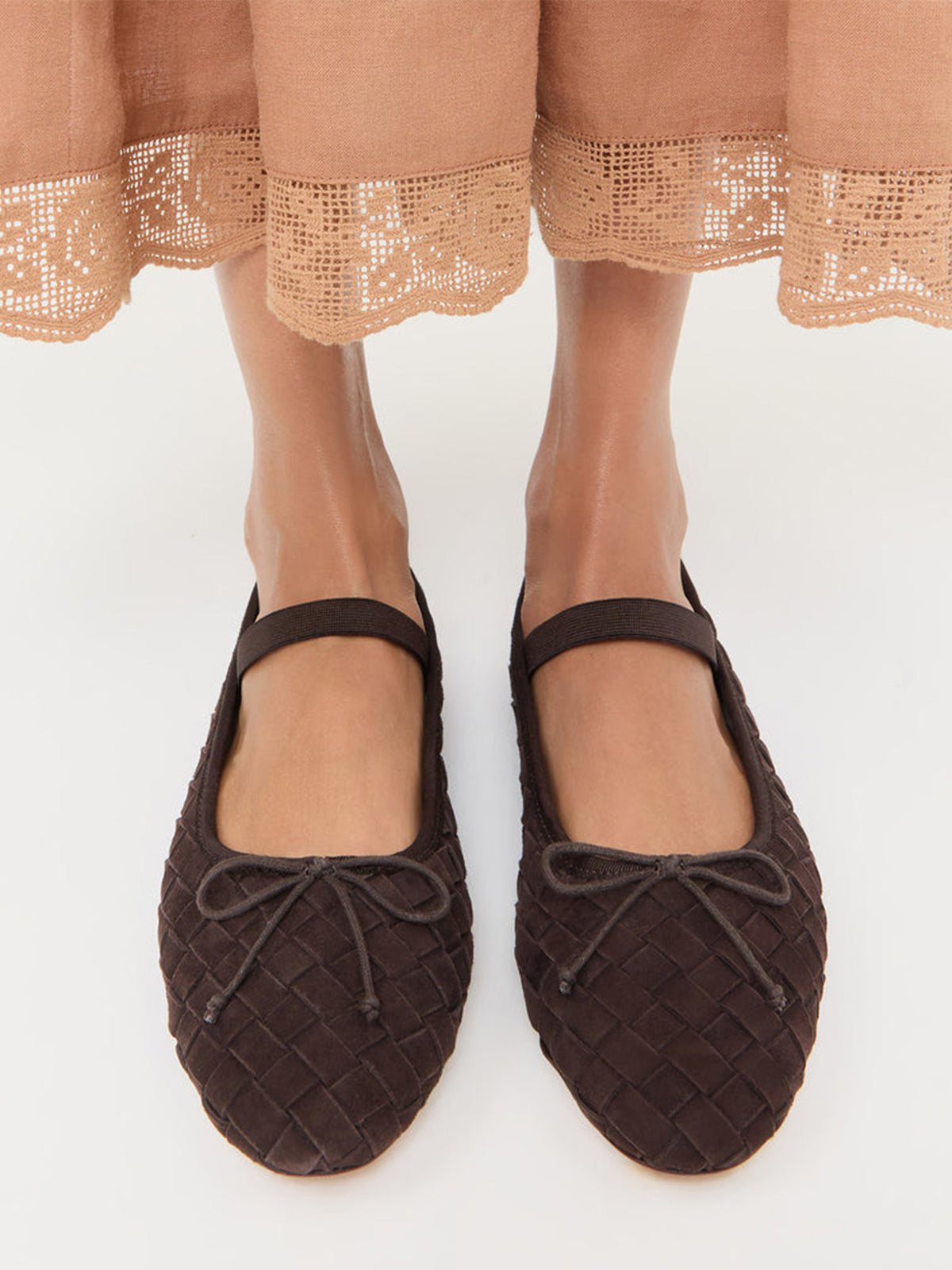 Brown Woven Faux Suede Round-Toe Front Bow And Middle Strap Ballet Flats
