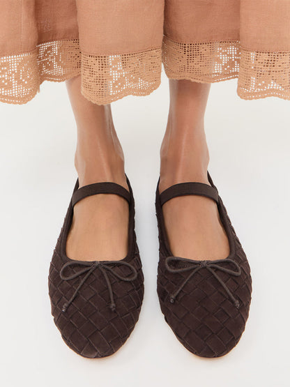 Brown Woven Faux Suede Round-Toe Front Bow And Middle Strap Ballet Flats