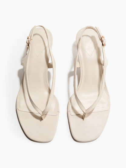 Cream Square-Toe Flip-Flop Slingback Kitten Heels