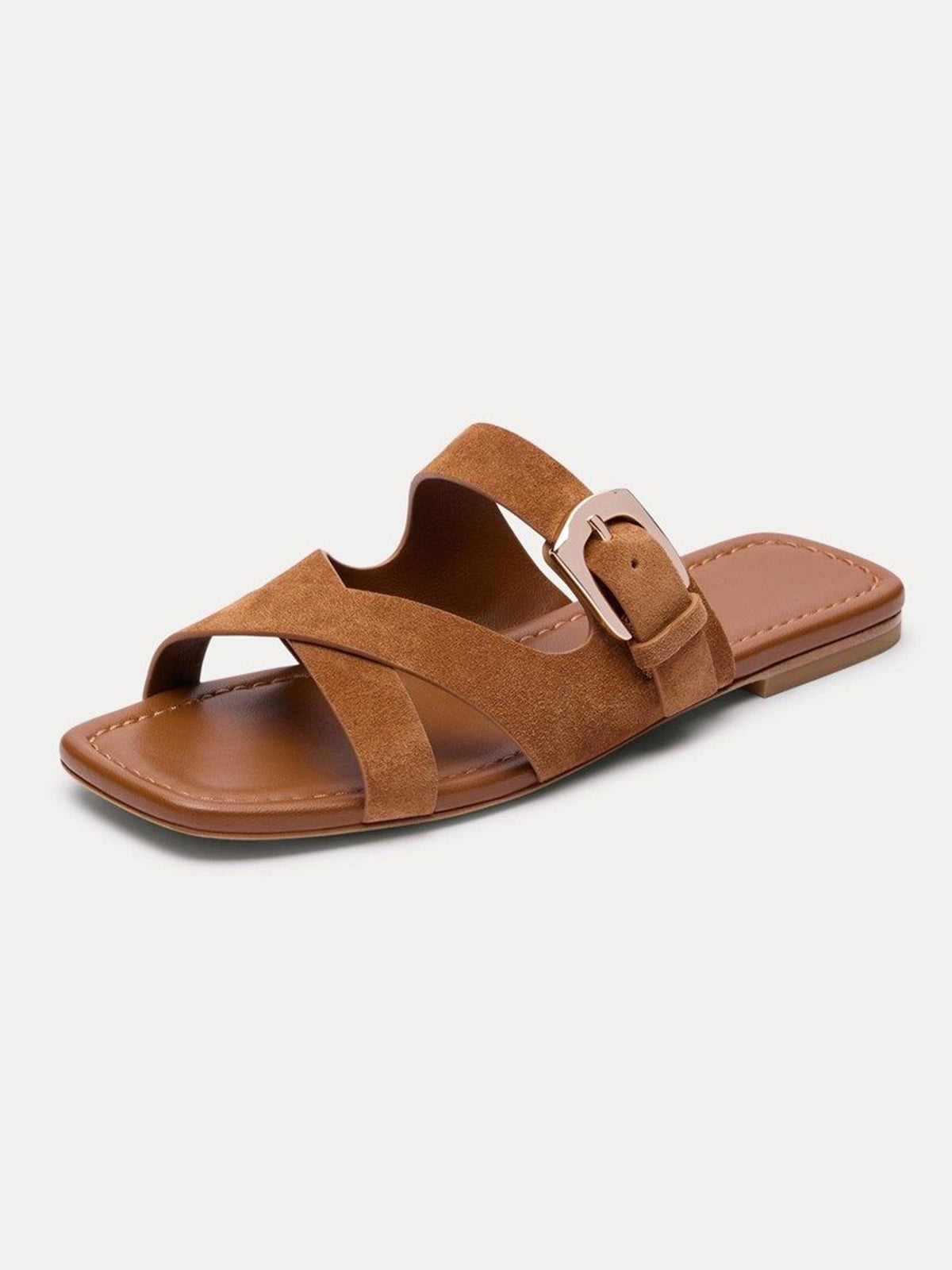 Brown Faux Suede Square-Toe Slip-On Buckle Slide Sandal Flats