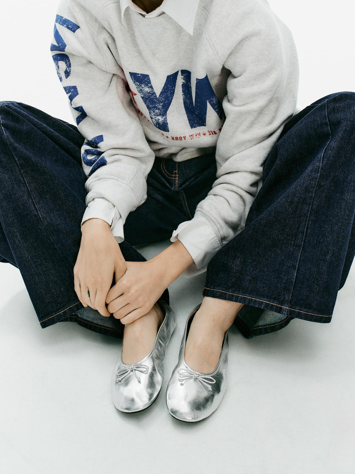Metallic Silver Square-Toe Chic Front Bow Slip-On Classic Ballet Flats