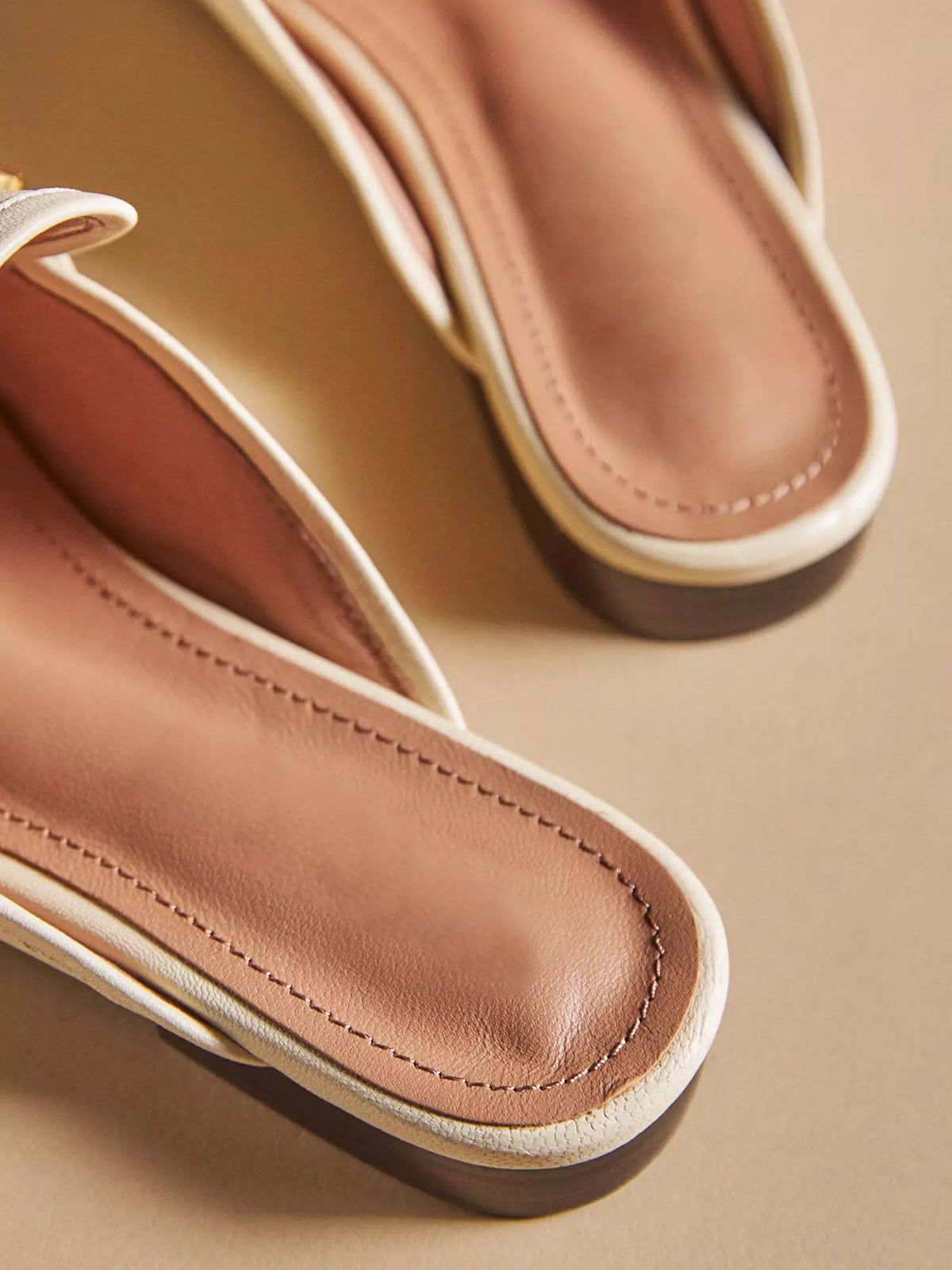 Ivory Vegan Leather Square-Toe Slip-On Backless Loafers Flats