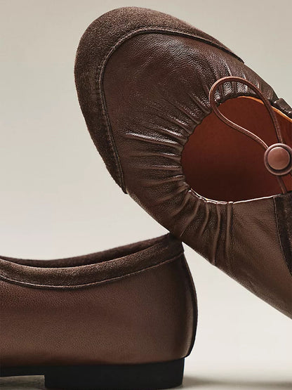 Chocolate Faux Suede And Vegan Leather Round-Toe Mary Jane Ballet Flats
