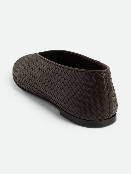 Chocolate Woven Vegan Leather Round-Toe Slip-On Ballet Flats