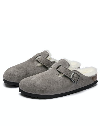 Grey Faux Suede Buckle Cork Clogs With Faux Shearling Lining Rounded Toe Backless Slippers Flats Mules