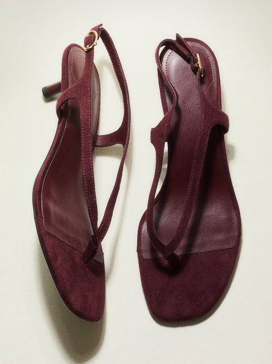 Burgundy Faux Suede Square-Toe Flip-Flop Slingback Kitten Heels