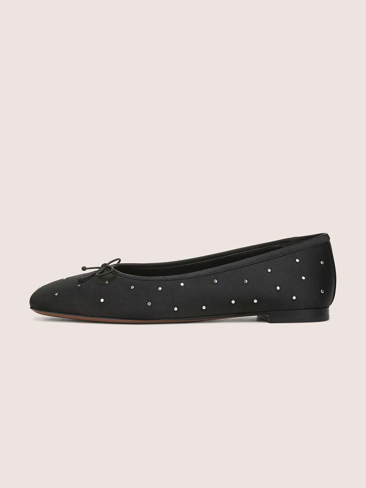Black Satin Square-Toe Front Bow Studded Chic Ballet Flats