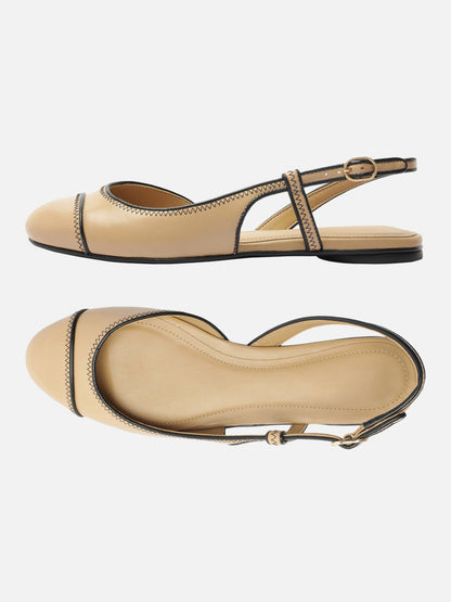 Tan Round-Toe Buckle Back Strap Chic Slip-On Flats