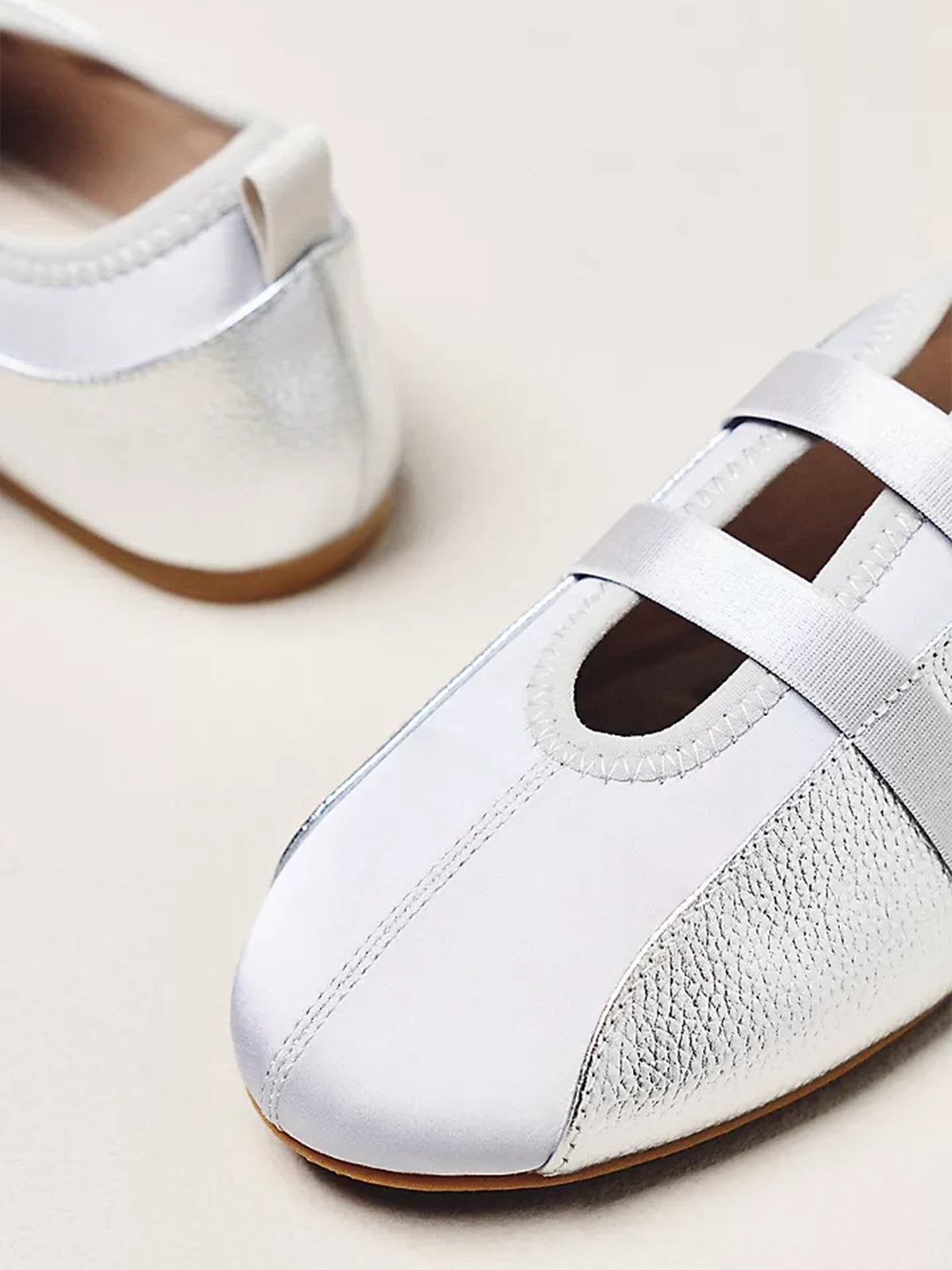 Silver Vegan Leather And Satin Round-Toe Double Middle Strap Sporty Ballet Sneakers