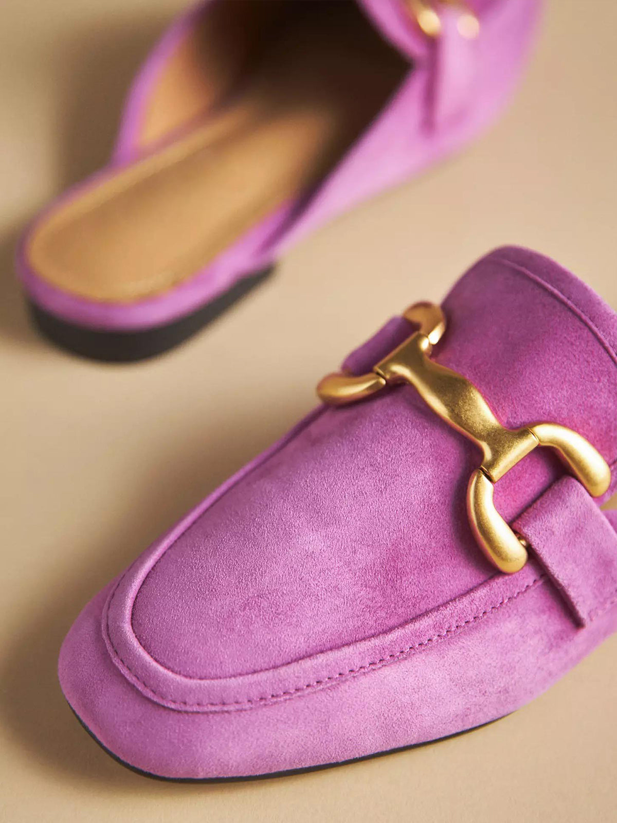 Pink Faux Suede Square-Toe Slip-On Backless Loafers Flats