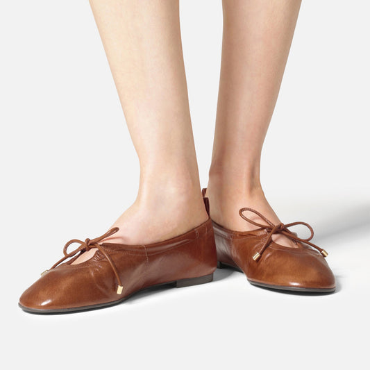 Brown Round-Toe Front Strap Fashion Slip-On Ballet Flats