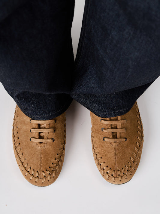Tan Faux Suede Round-Toe Lace-Up And Braided-Detail Sporty Flats