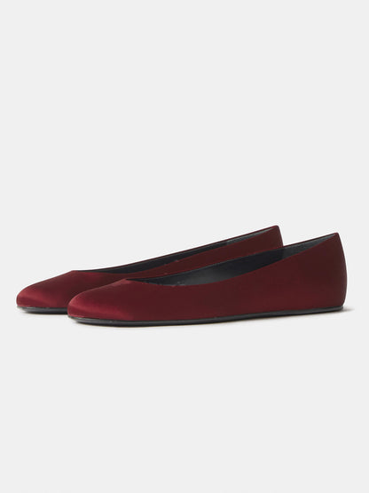 Burgundy Satin Round-Toe Slip-On Simple Ballet Flats