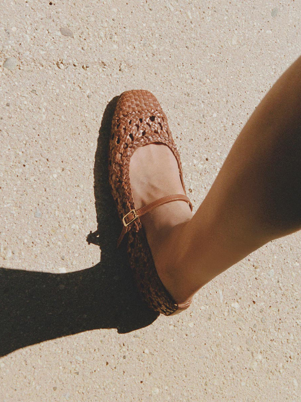 Tan Woven Vegan Leather Square-Toe Mary Jane Chic Ballet Flats