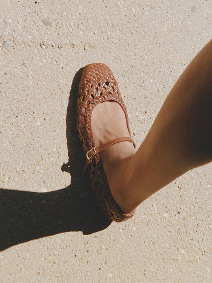 Tan Woven Vegan Leather Square-Toe Mary Jane Chic Ballet Flats