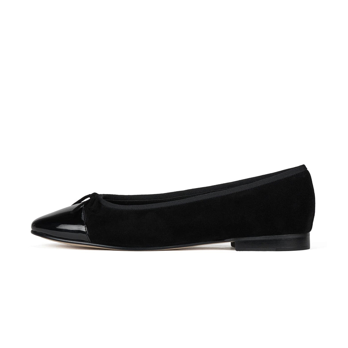 Wine Red Faux Suede And Patent Leather Round-Toe Front Bow Ballet Flats