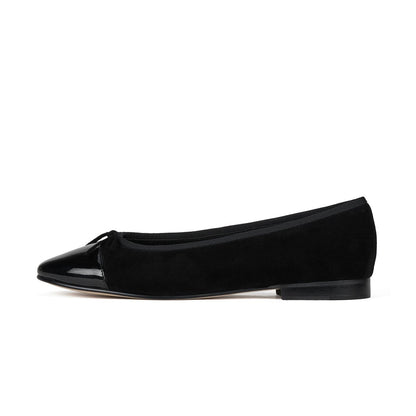 Wine Red Faux Suede And Patent Leather Round-Toe Front Bow Ballet Flats