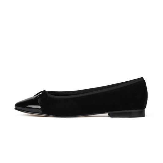 Wine Red Faux Suede And Patent Leather Round-Toe Front Bow Ballet Flats