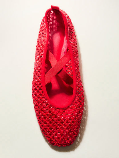 Red Grass Woven Square-Toe Middle Crossed Straps Ballet Flats