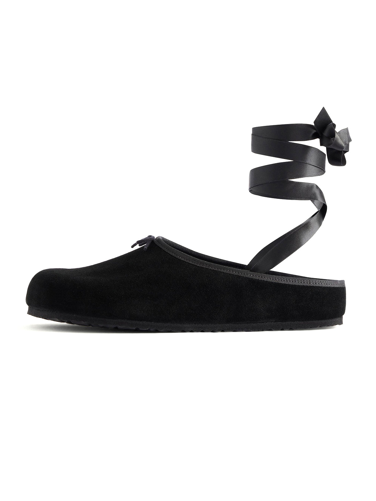 Black Faux Suede Square-Toe Front Bow Backless And Ankle Strap Flats