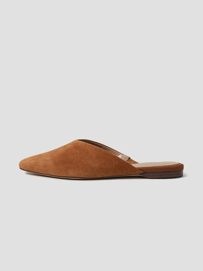 Brown Faux Suede Almond-Toe Backless Simple Slip-On Flats