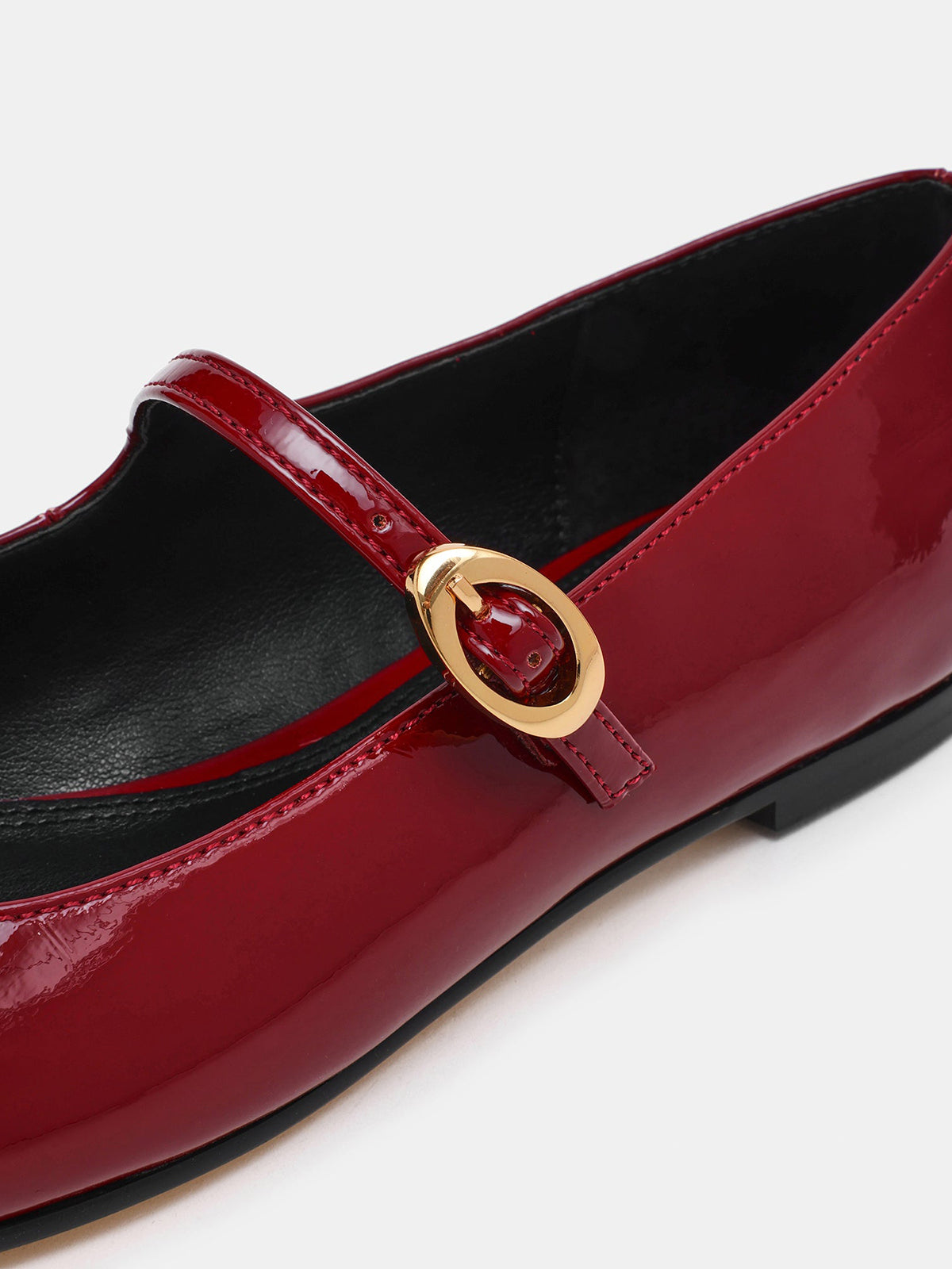 Burgundy Patent Leather Square-Toe Buckle Mary Jane Ballet Flats