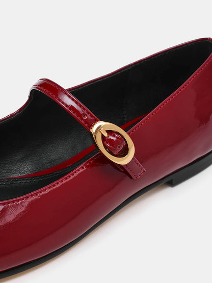 Burgundy Patent Leather Square-Toe Buckle Mary Jane Ballet Flats