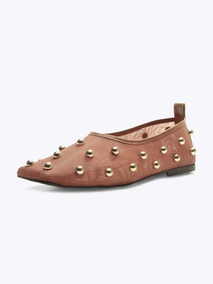 Beige Mesh Square-Toe Full Gold Studs Slip-On Ballet Flats