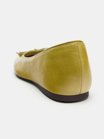 Green Square-Toe Front Chic Bow Slip-On Ballet Flats