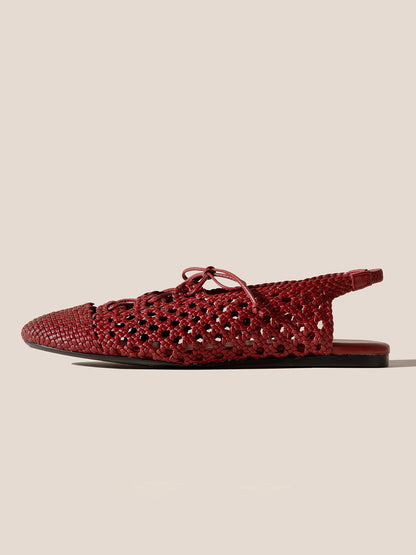 Cherry Red Woven Vegan Leather Round-Toe Lace-Up And Slingback Flats Sandals