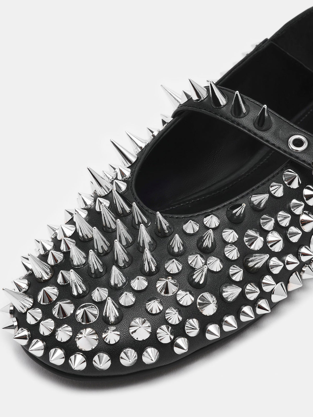 Black Round-Toe Full Rivet And Middle Strap Chic Ballet Flats
