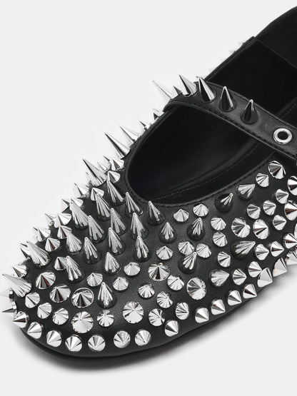 Black Round-Toe Full Rivet And Middle Strap Chic Ballet Flats