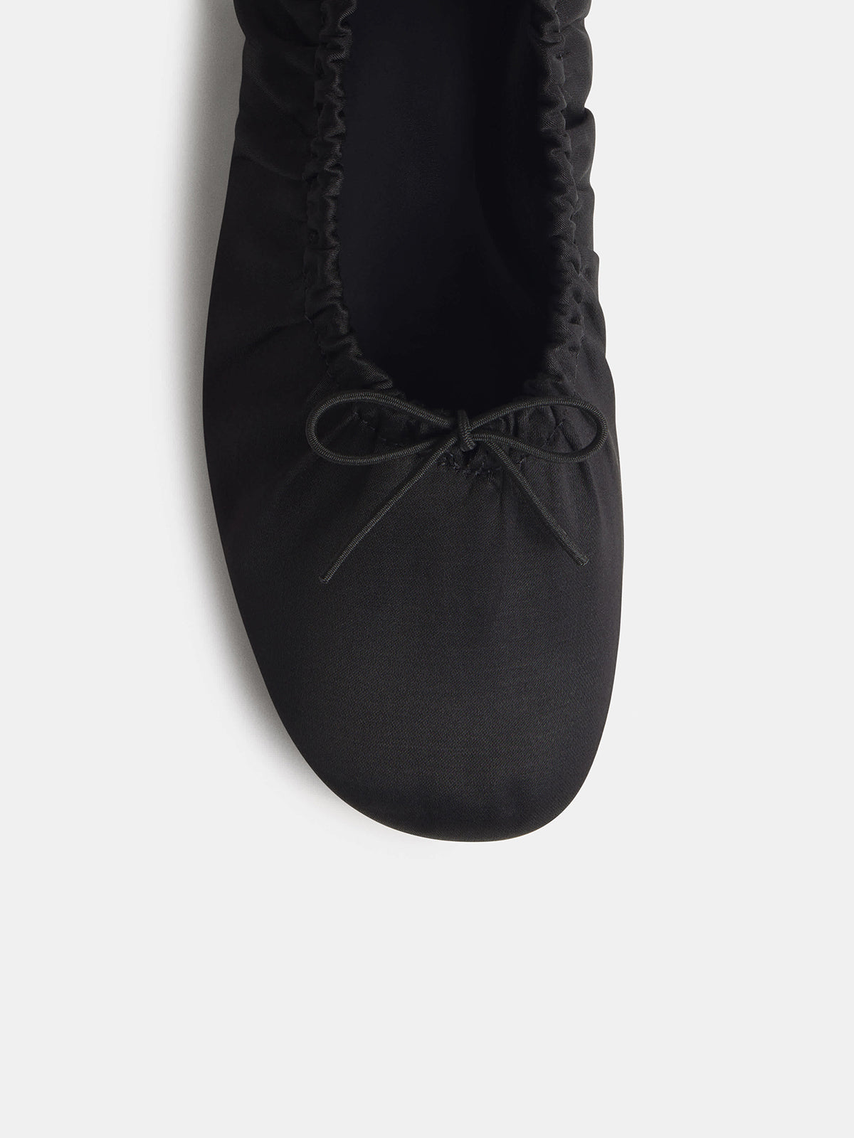 Black Satin Square-Toe Ruching And Front Bow Ballet Flats