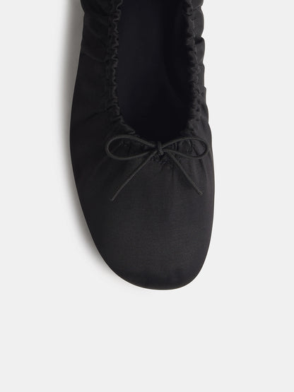 Black Satin Square-Toe Ruching And Front Bow Ballet Flats