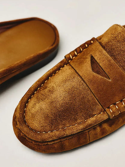 Caramel Round-Toe Simple Backless Loafer Mules Flats