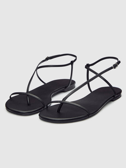 Black Square-Toe Back And Ankle Strap Flats Sandals