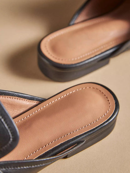 Black Vegan Leather Square-Toe Slip-On Backless Loafers Flats