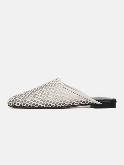 Ivory Mesh Square-Toe Chic Backless Simple Flats