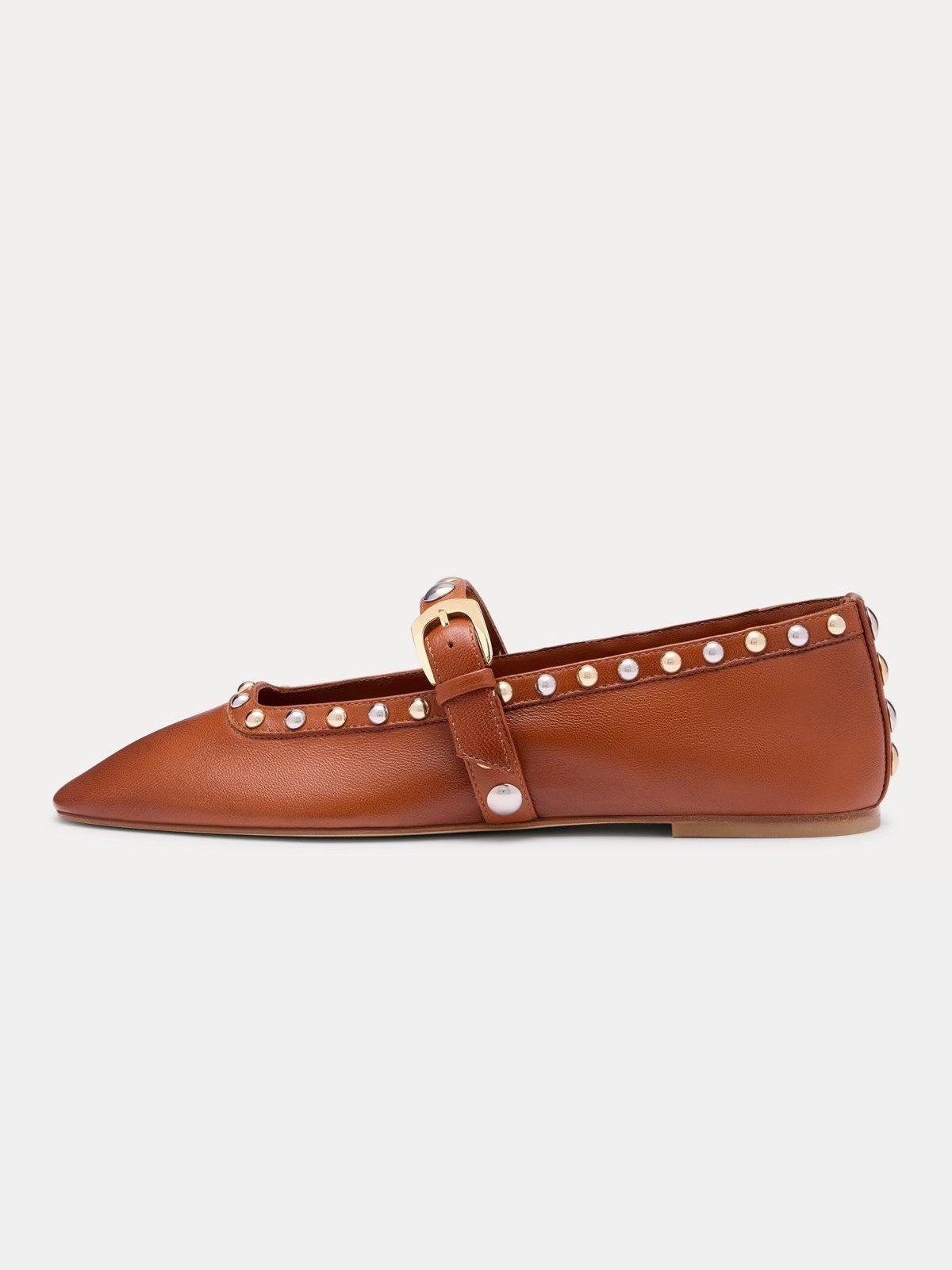 Red Square-Toe Buckle Middle Strap And Studs Flats