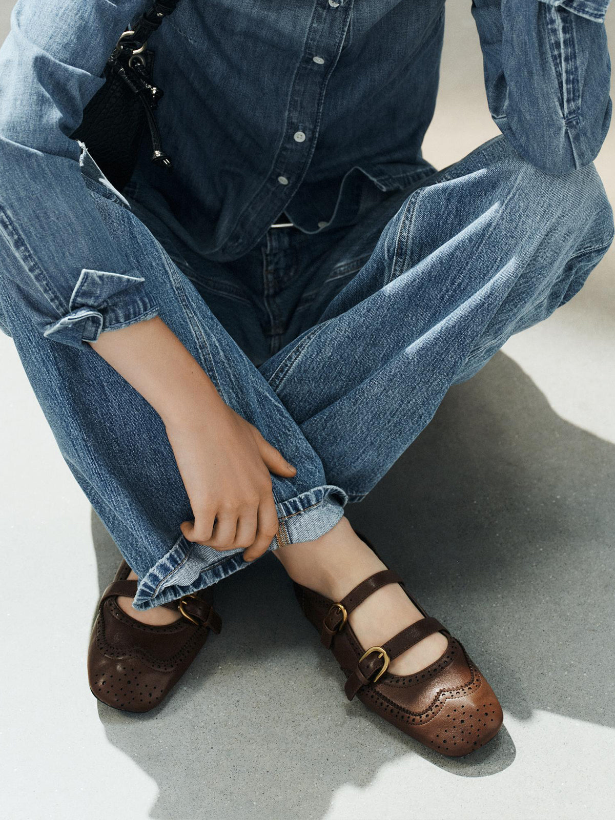 Brown Square-Toe Double Middle Straps With Buckle Chic Ballet Flats