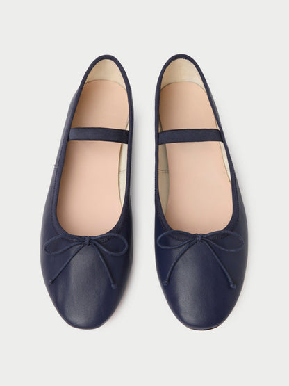 Navy Vegan Leather Round-Toe Mary Jane Front Bow Ballet Flats